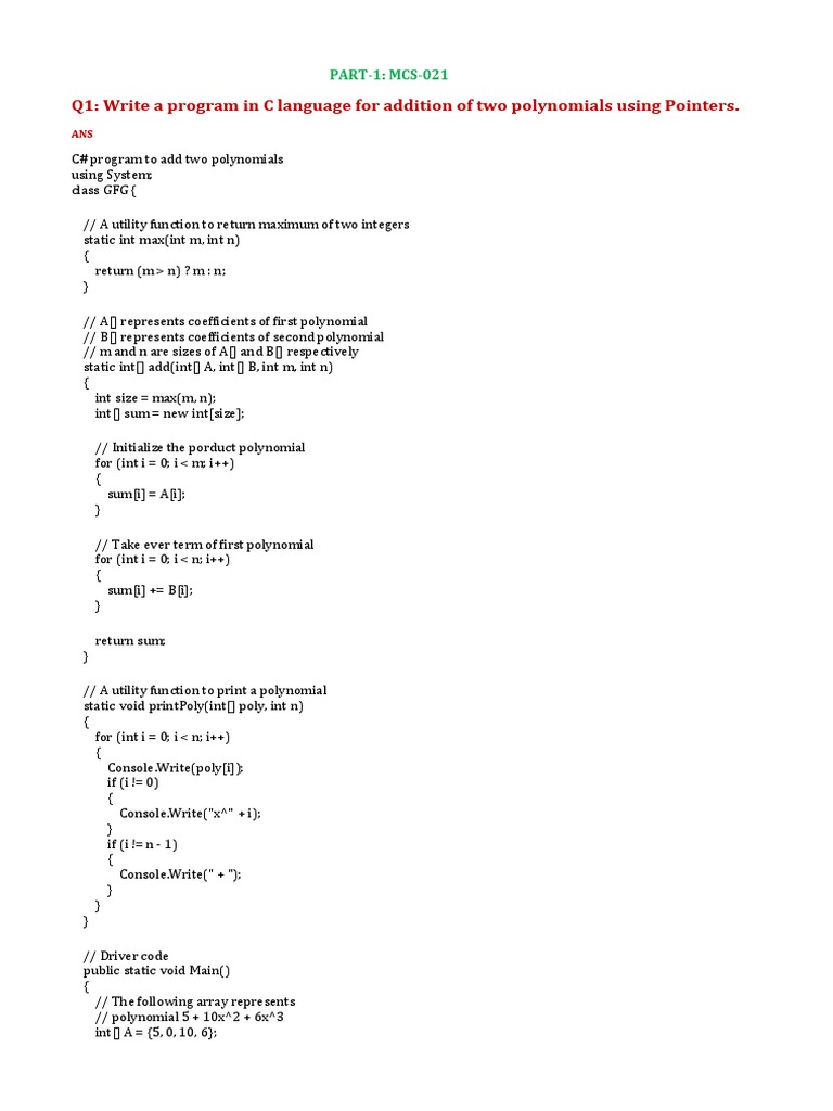Q1: Write A Program in C Language For Addition of Two Polynomials Using ...