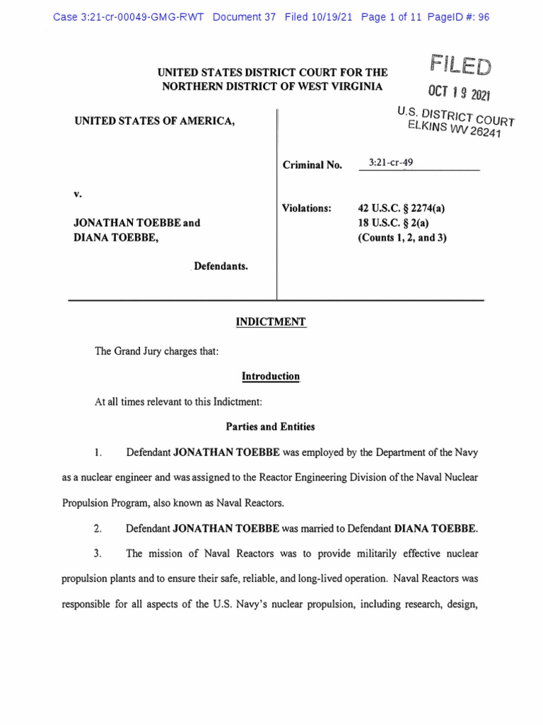Toebbe Indictment: Nuclear Espionage Case | PDF | Indictment | Public Law