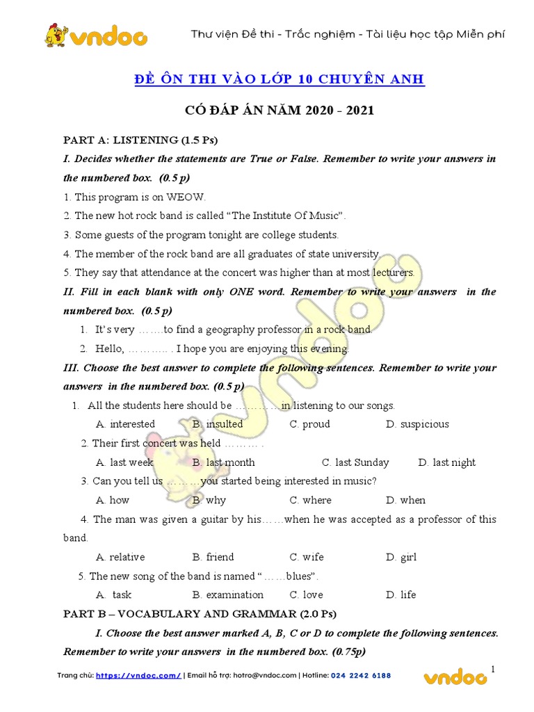 De Thi Tuyen Sinh Vao Lop 10 Mon Tieng Anh Chuyen | PDF | Nobel Prize
