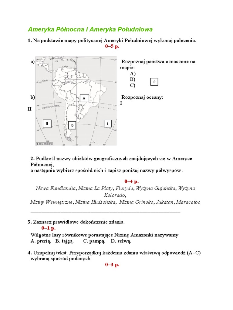 Geografia Sprawdzian Ameryka Północna I Południowa
