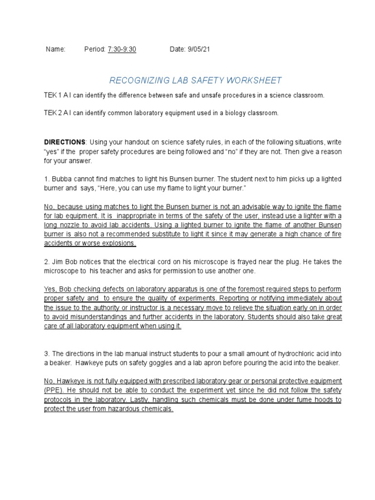 Recognizing Lab Safety Worksheet PDF Laboratories Toxicity