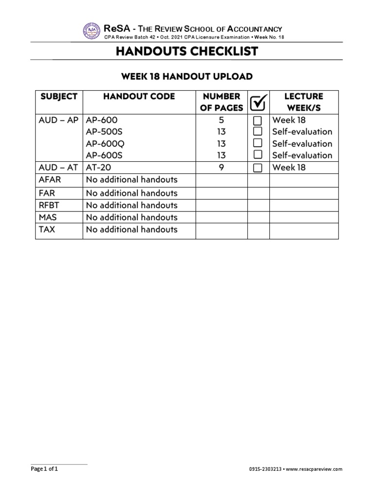 Week 18 CPA Review Handouts Checklist | PDF | Finance & Money Management