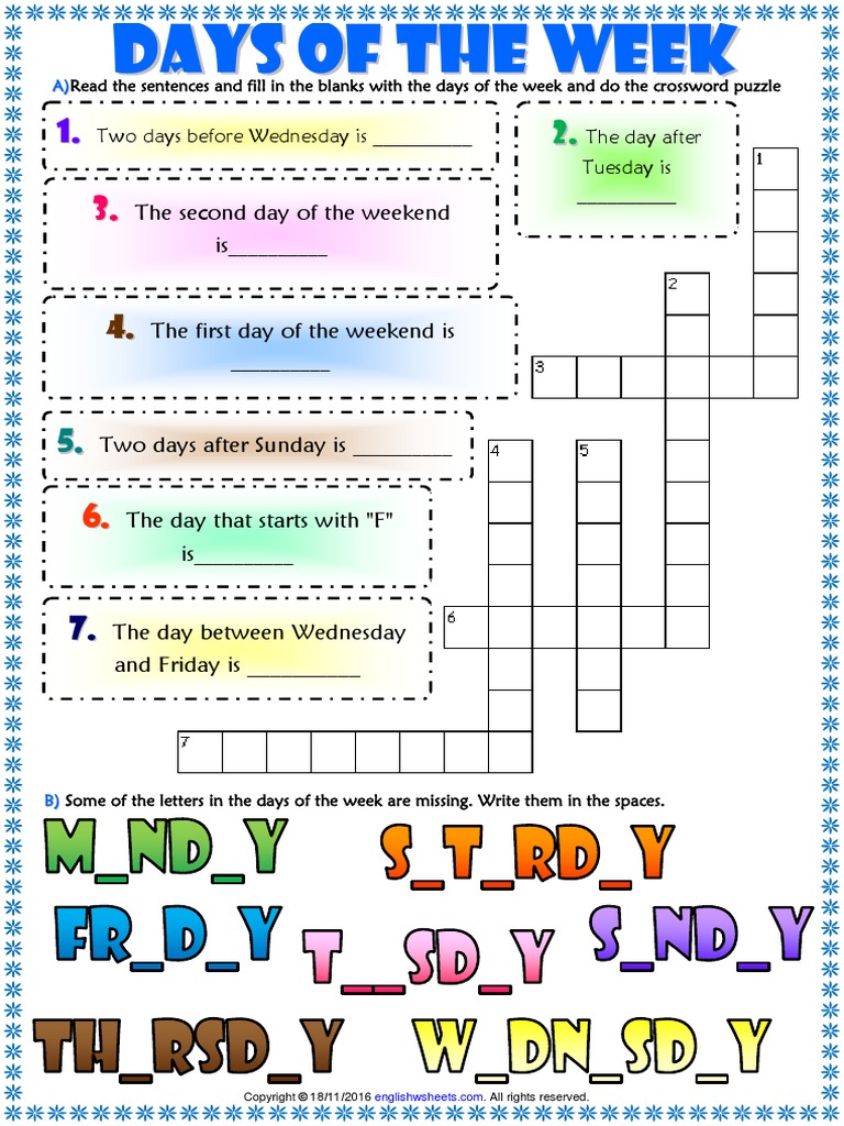 Days of The Week Esl Exercises Worksheet For Kids | PDF