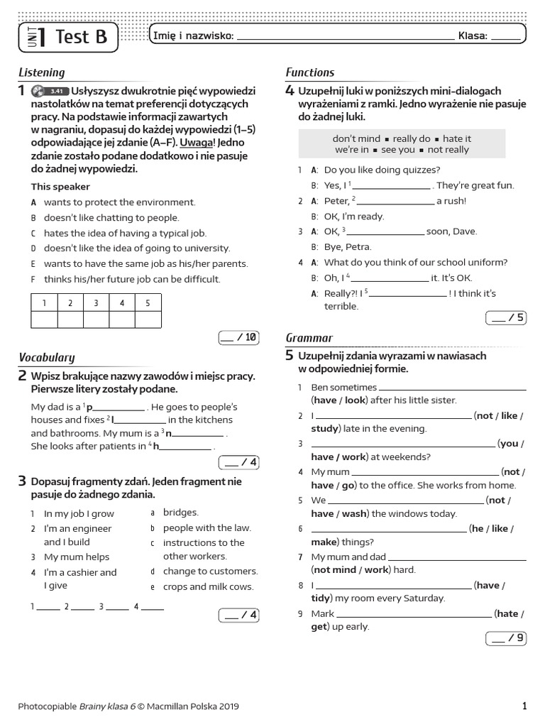 Test Z Angielskiego Klasa 1 Podstawowa Unit 1