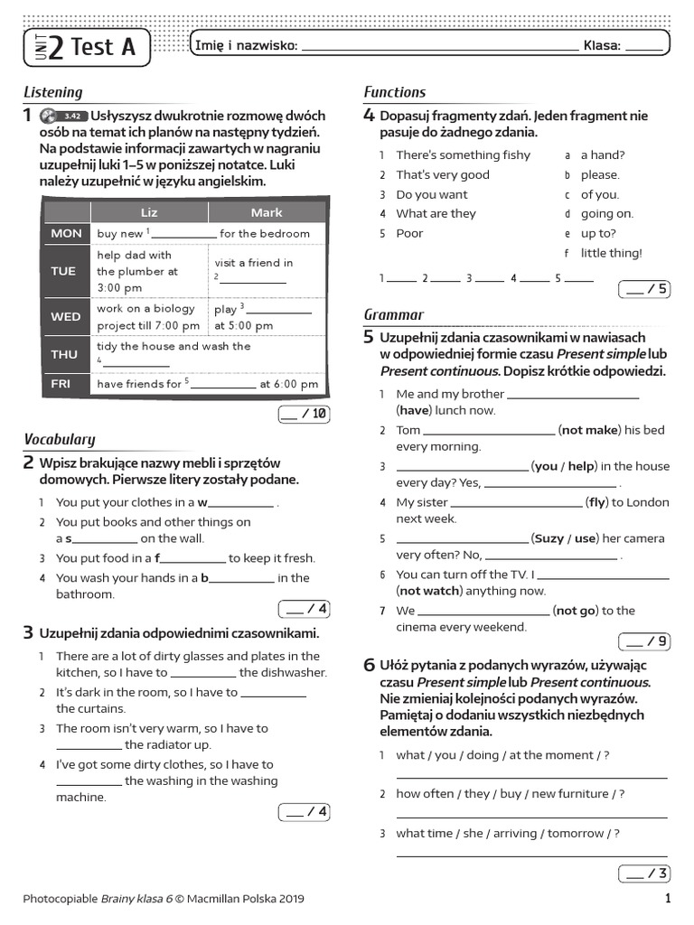 Brainy Klasa 6 Testy Chomikuj Brainy kl6 Unit Test 2 A | PDF