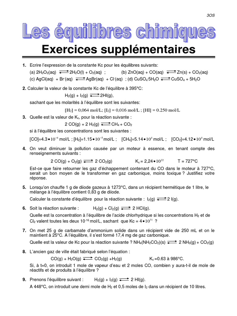 Exercices sur la constante d'équilibre | PDF | Équilibre chimique ...