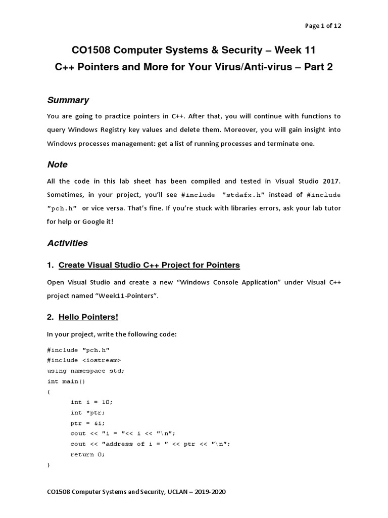 CO1508 Computer Systems & Security - Week 11 C++ Pointers and More For ...