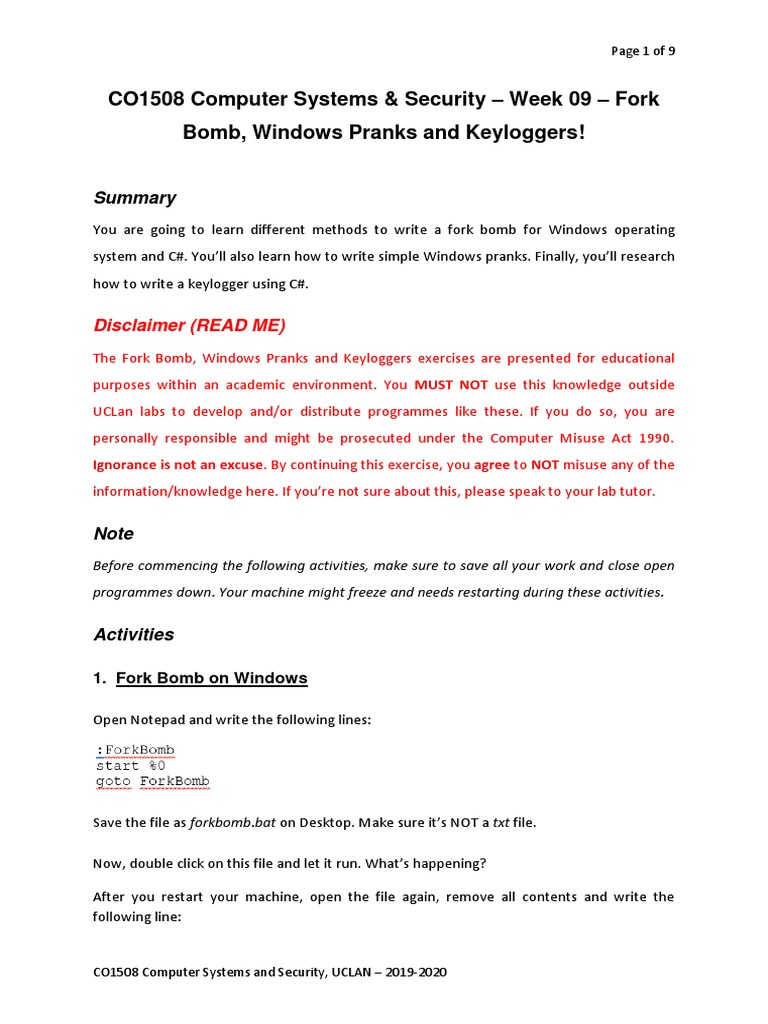 CO1508 Computer Systems & Security Week 09 Fork Bomb, Windows