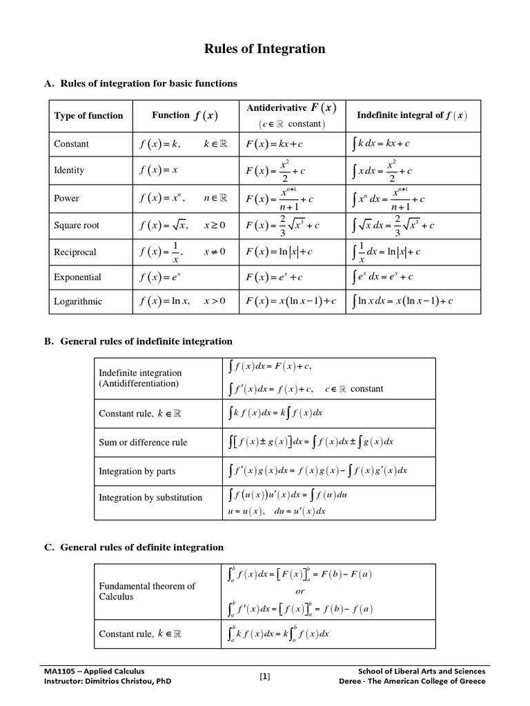 MA1105 - Rules of Integration | PDF | Integral | Mathematics