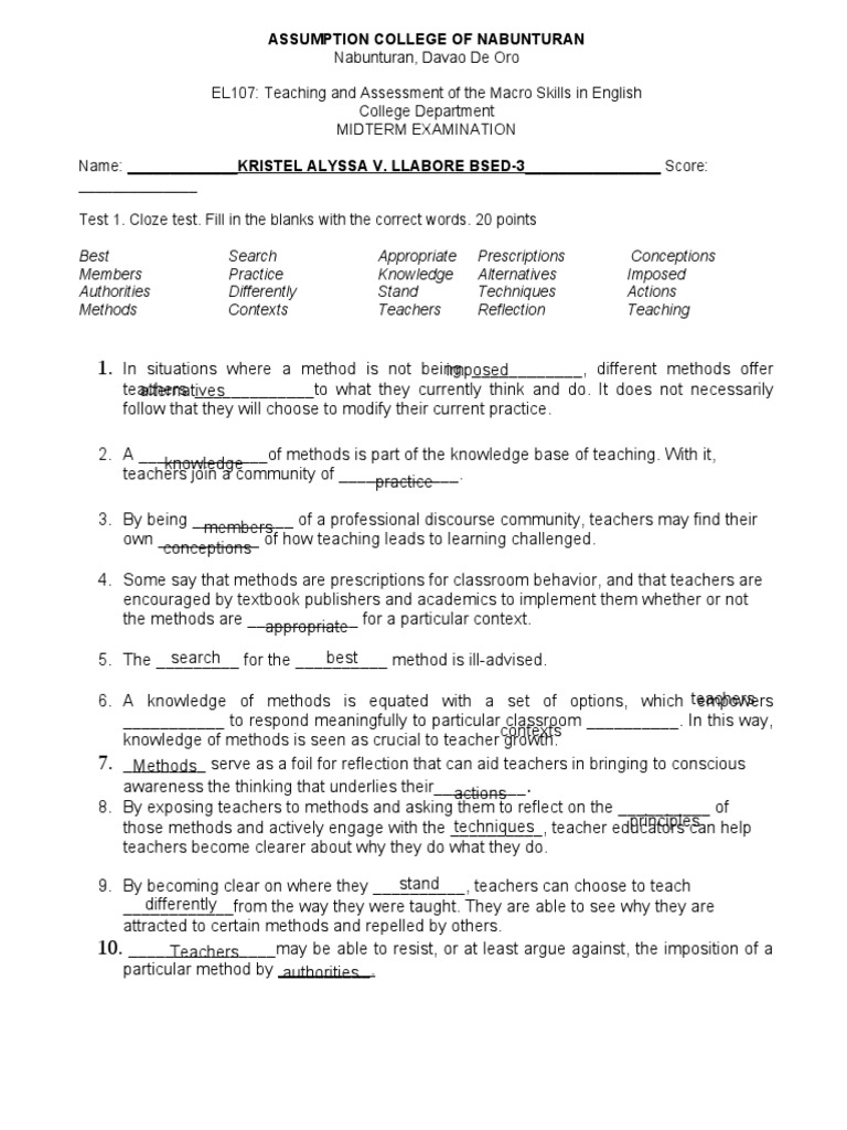 EL107 MIDTERM 2021 - Kristel | PDF | Teachers | Second Language