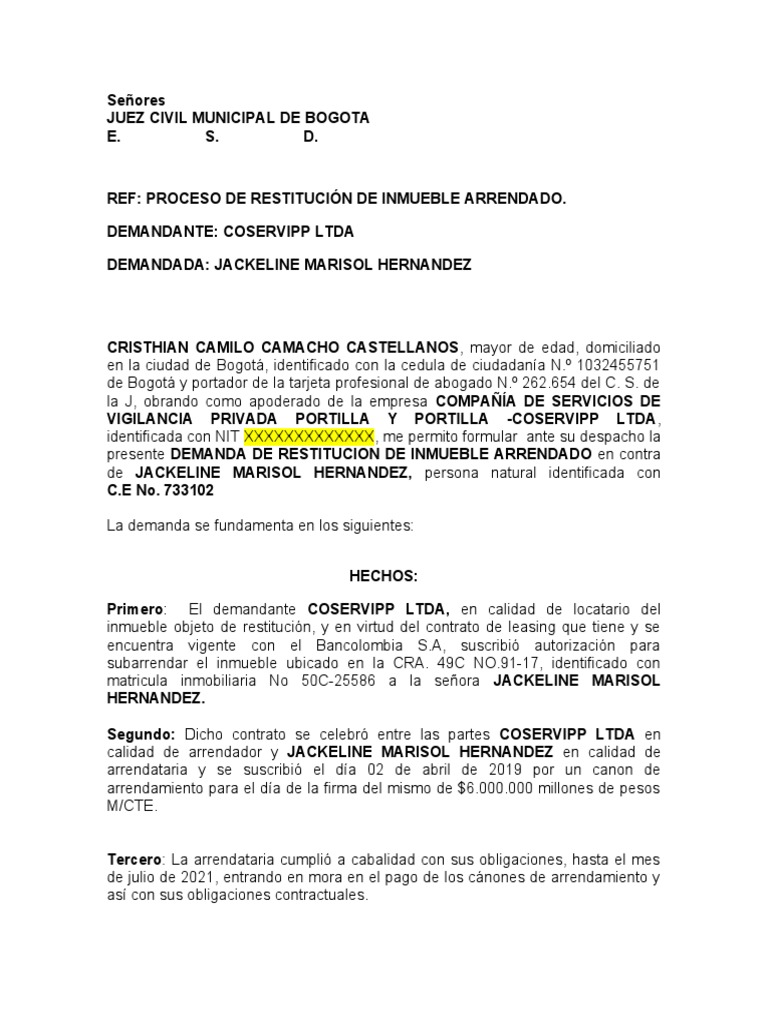 Modelo Demanda Restitución Inmueble Arrendado | PDF | Demanda judicial ...