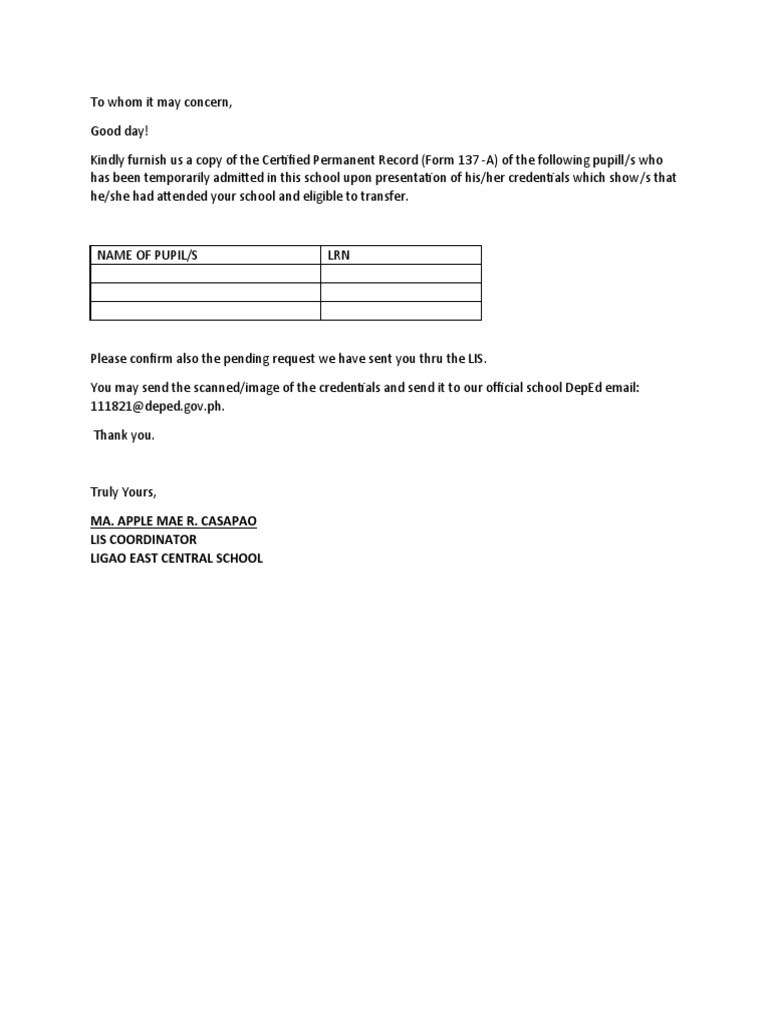 Letter For Pending Transfers | PDF