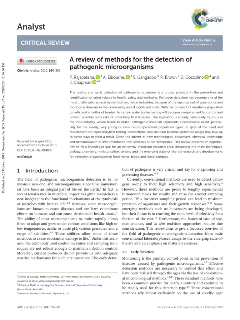 A Review of Methods For The Detection of Pathogenic Microorganisms ...