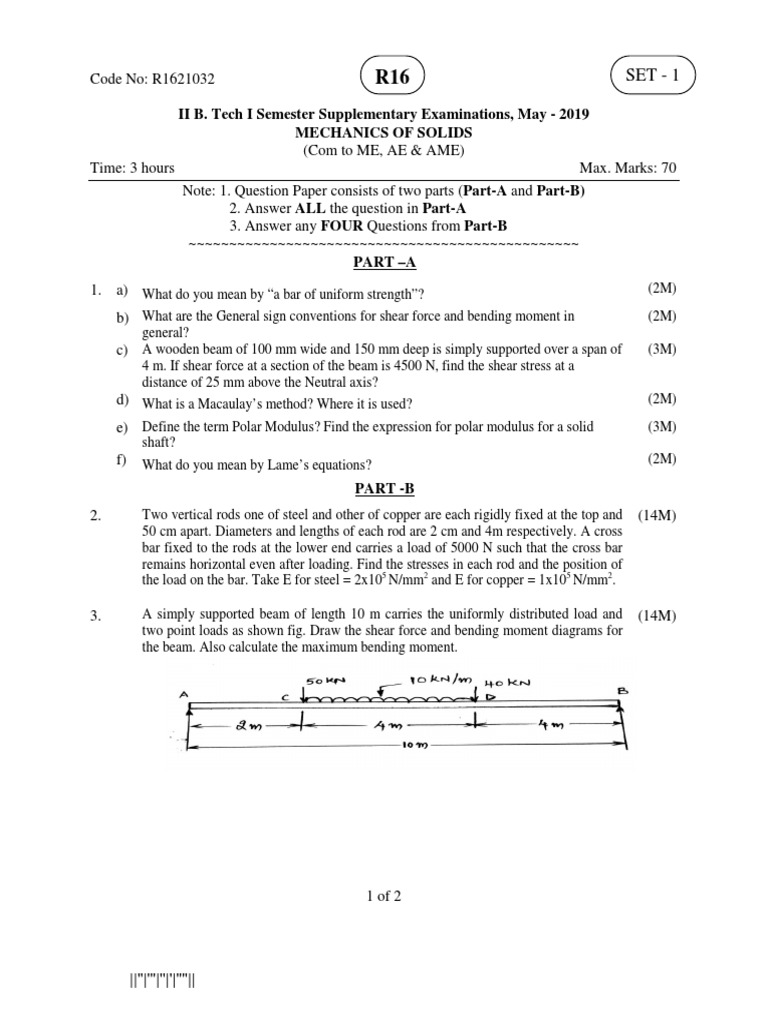 Mechanics of Solids Exam Paper 2019 | PDF | Beam (Structure) | Bending