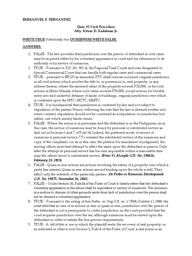 Quiz3PUPCivilProcedure FERNANDEZ, EMMANUEL P. PDF In Rem Jurisdiction Civil Law