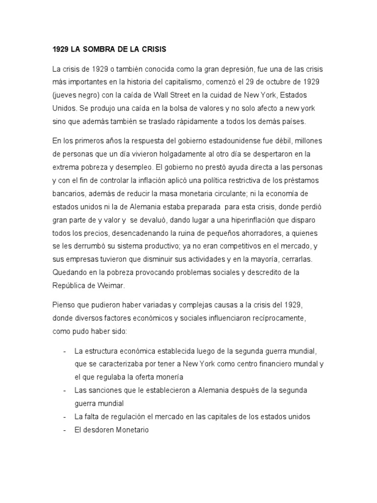 Causas y Consecuencias de la Crisis de 1929 | PDF | Gran depresion ...
