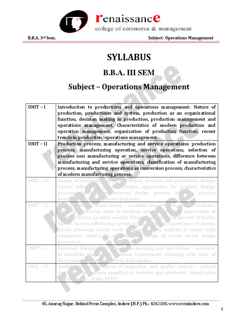 BBA Operations Management Syllabus | PDF | Operations Management | Mass ...
