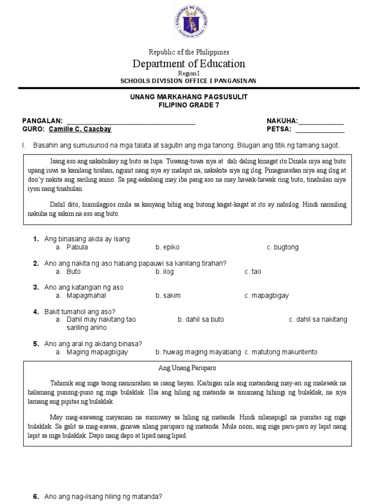 Unang Markahang Pagsusulit Filipino 7 | PDF