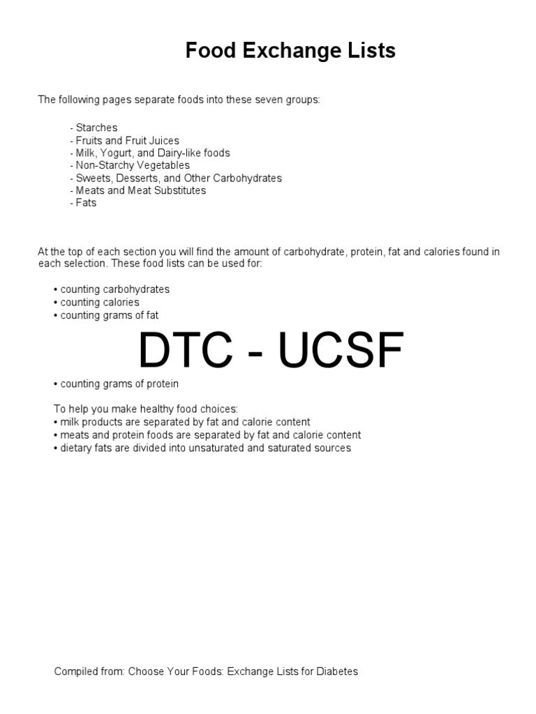 Food Exchange List PDF Cereals Sausage
