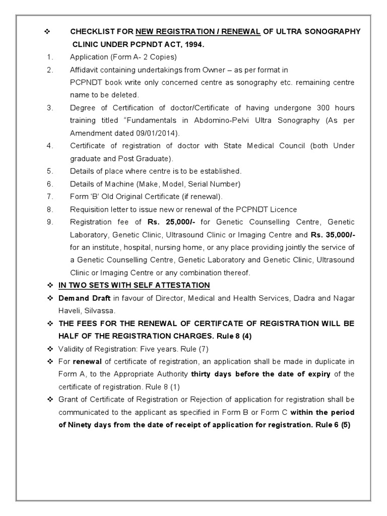 Documents and Fees Required For Registration of USG Clinic Under PCPNDT