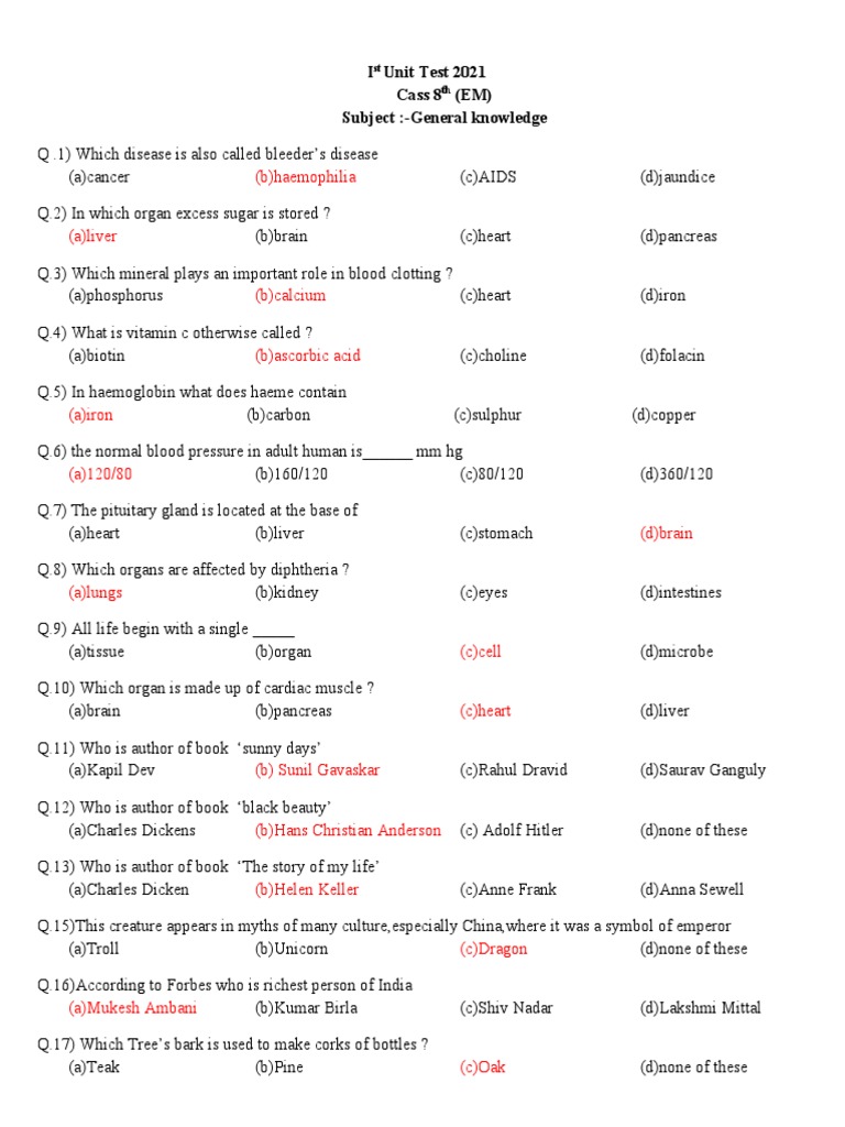 8th Grade General Knowledge Test 2021 | PDF | Heart | Biology