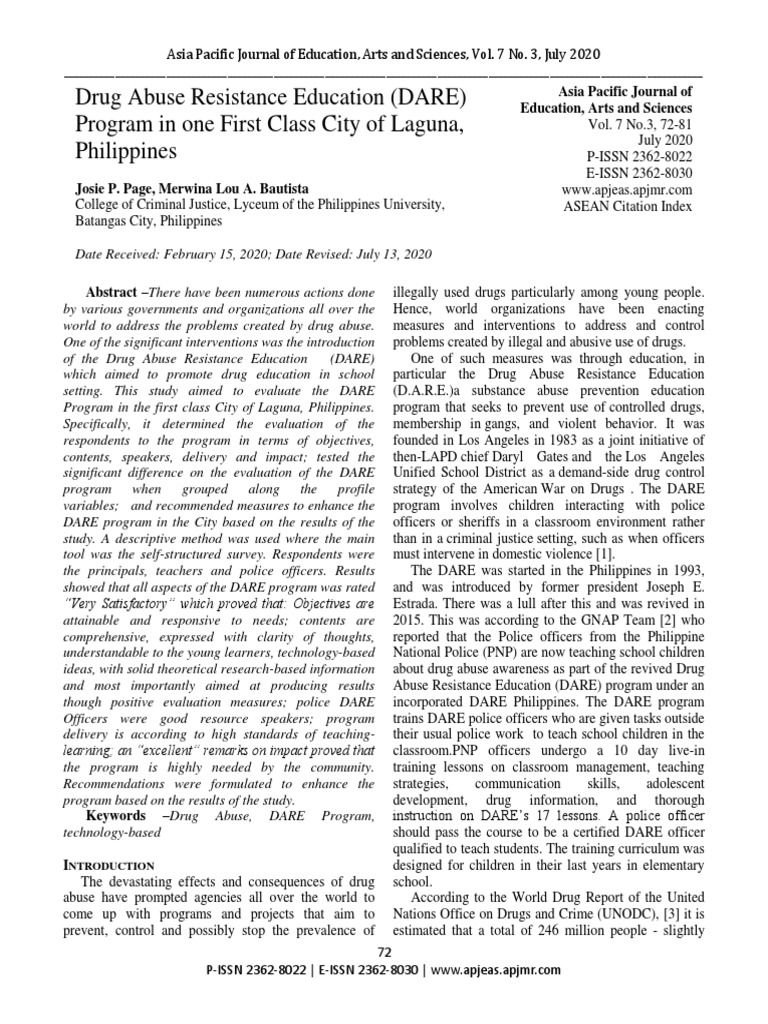 Drug Abuse Resistance Education (DARE) in One of The First Class City