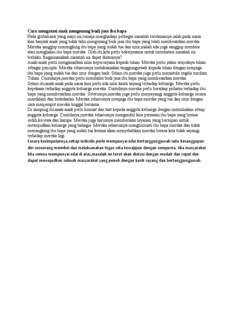 Cara Mengatasi Anak Mengenang Budi Jasa Ibu Bapa | PDF