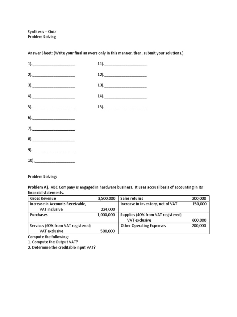 Synthesis - Problem Solving Quiz | PDF | Value Added Tax | Tax Deduction