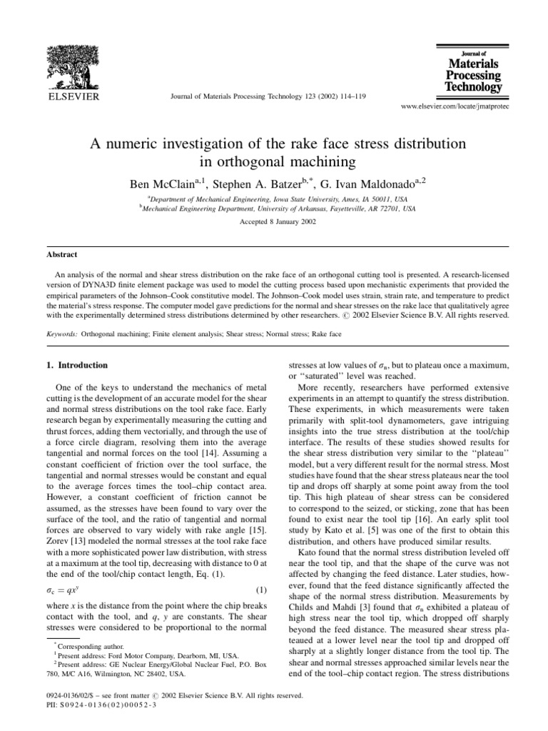 A Numeric Investigation of The Rake Face Stress Distribution in ...