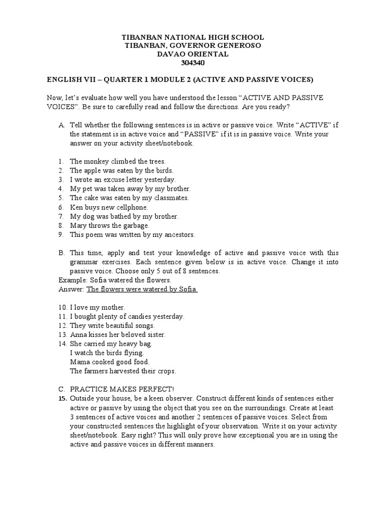 Active and Passive Voice Exercises | PDF | Language Arts & Discipline ...
