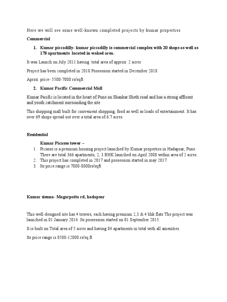Kumar Properties: Completed Projects Overview | PDF | Law