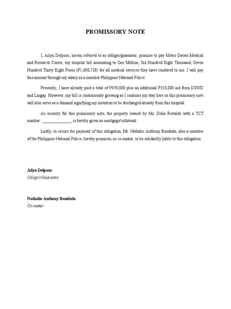 Promissory Note for Outstanding Hospital Bill and Agreement to Pay