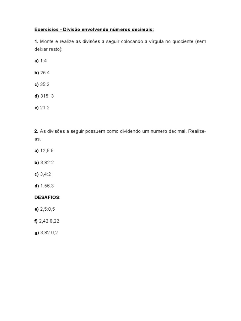Exercícios de Divisão com Decimais | PDF