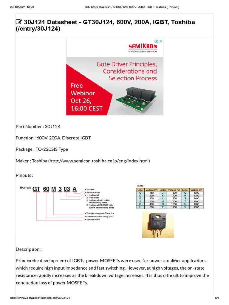 30J124 Datasheet - GT30J124, 600V, 200A, IGBT, Toshiba (Pinout) | PDF ...