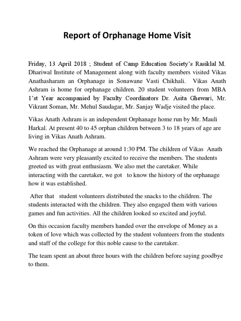 Report Of Visit To Orphanage Pdf