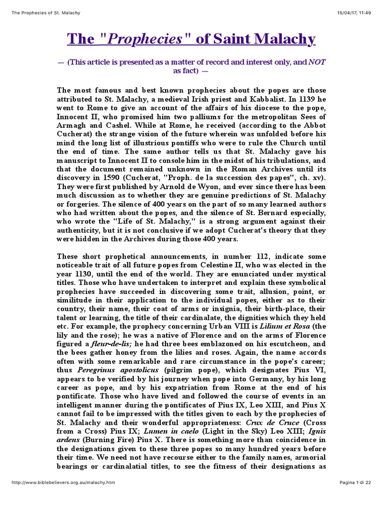 St. Malachy's Papal Prophecies Explained | PDF | European Monarchs | Rome