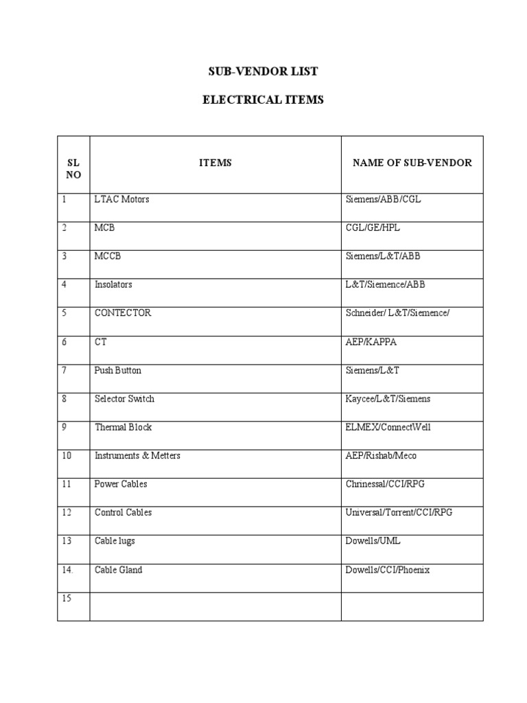 Electrical Sub-Vendor Directory | PDF | Technology & Engineering