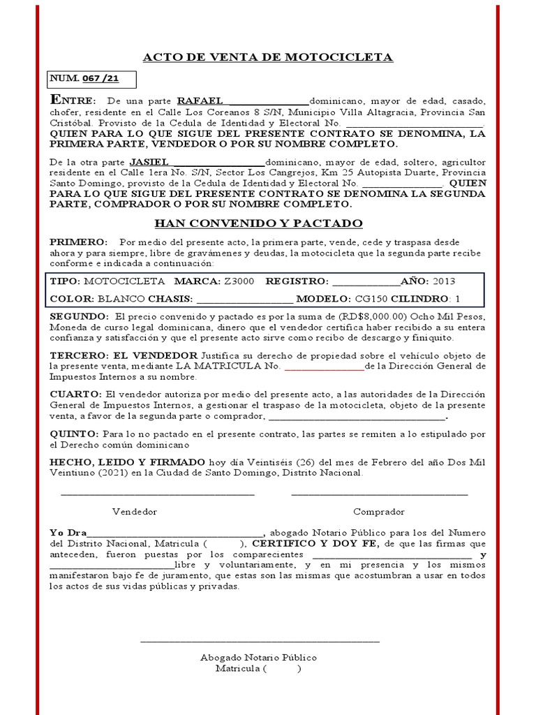 Acto de Venta de Motocicleta RD | PDF | República Dominicana