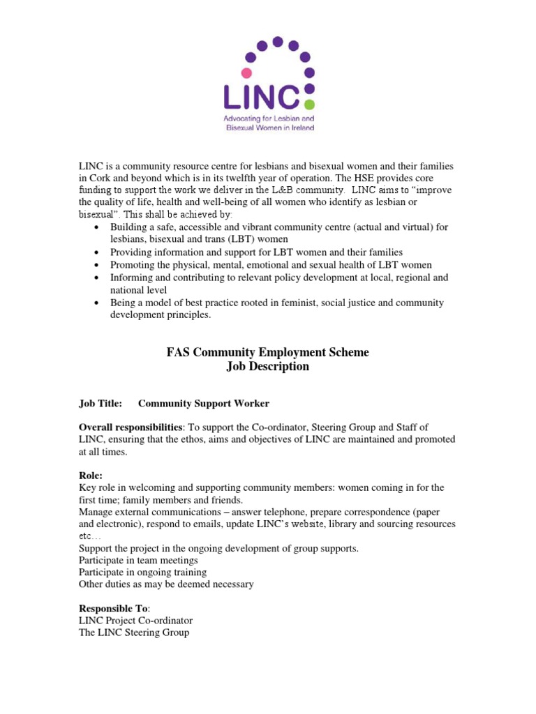 Community Support Worker Position at LINC | PDF | Community | Employment