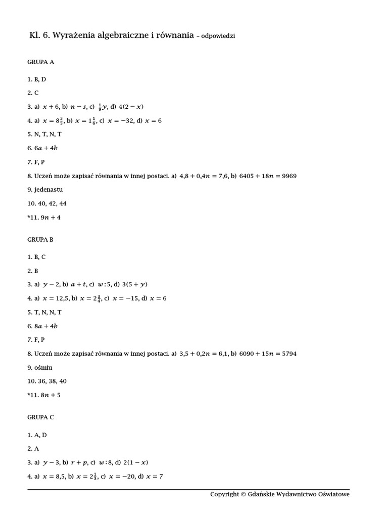 Wyrażenia Algebraiczne I Równania Klasa 6 Sprawdzian Odpowiedzi Kl. 6. Wyrazenia Algebraiczne I Rownania Odpowiedzi | PDF