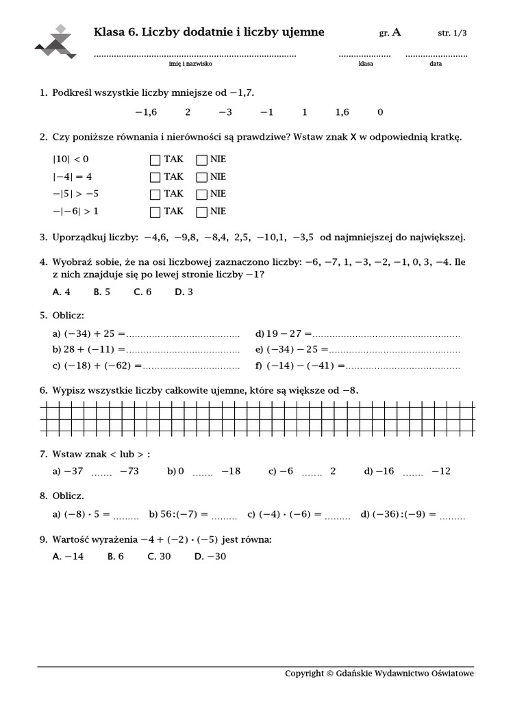 Liczby Dodatnie I Ujemne Sprawdzian Klasa 6 Pdf Nowa Era