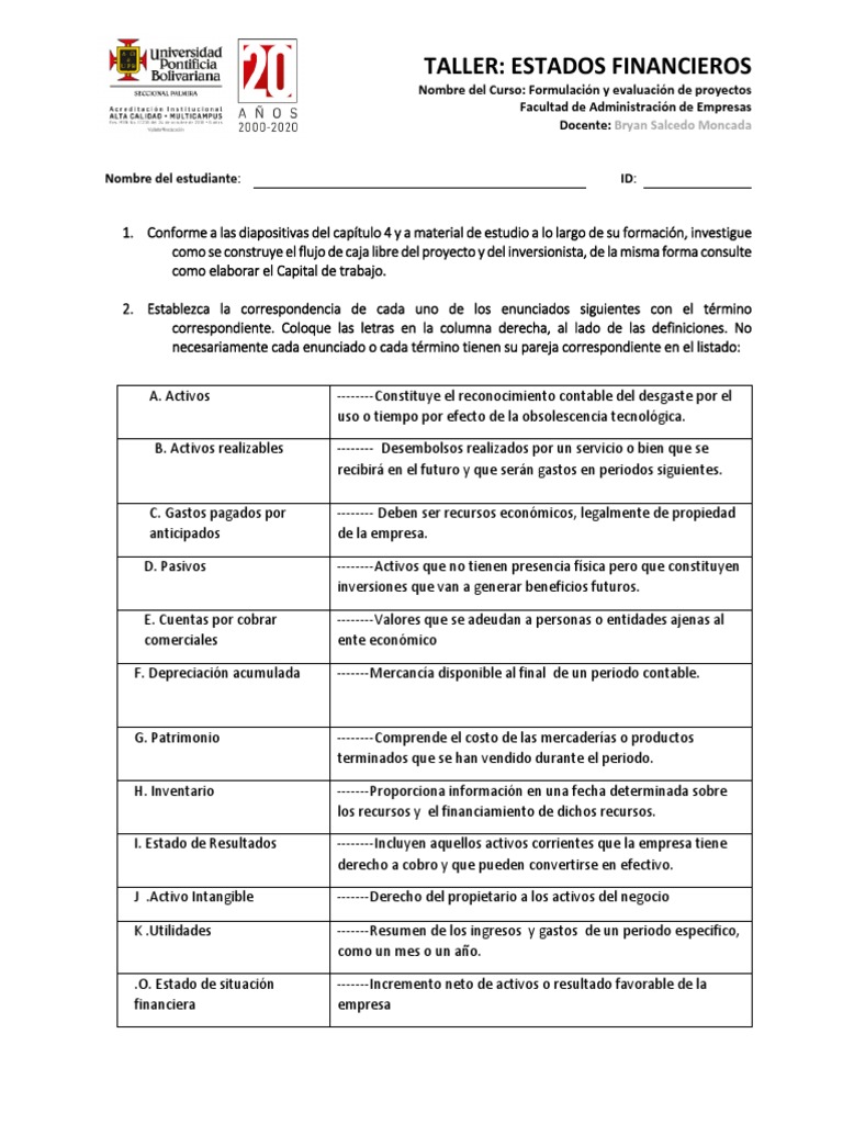 Taller de Estados Financieros y Proyectos | PDF | Contabilidad ...