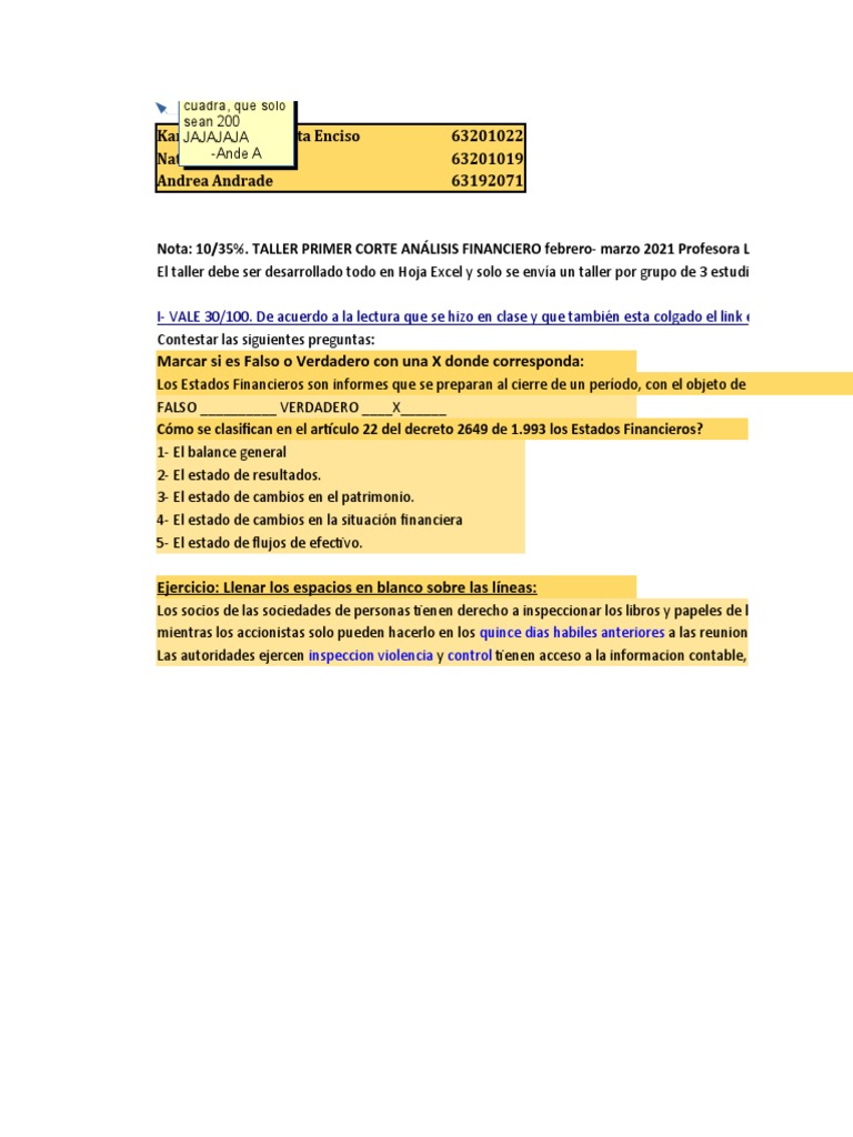 Taller Analisis | PDF | Estado financiero | Estado de resultados