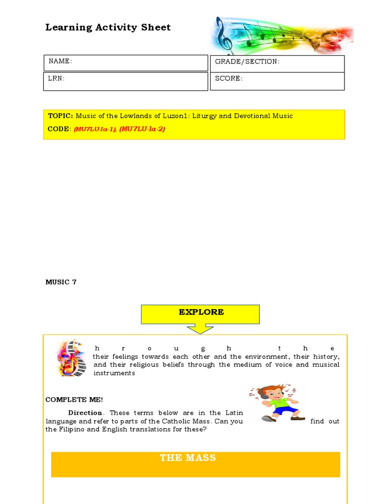 Learning Activity Sheet TOPIC Music of The Lowlands of Luzon1 Liturgy and Devotional Music