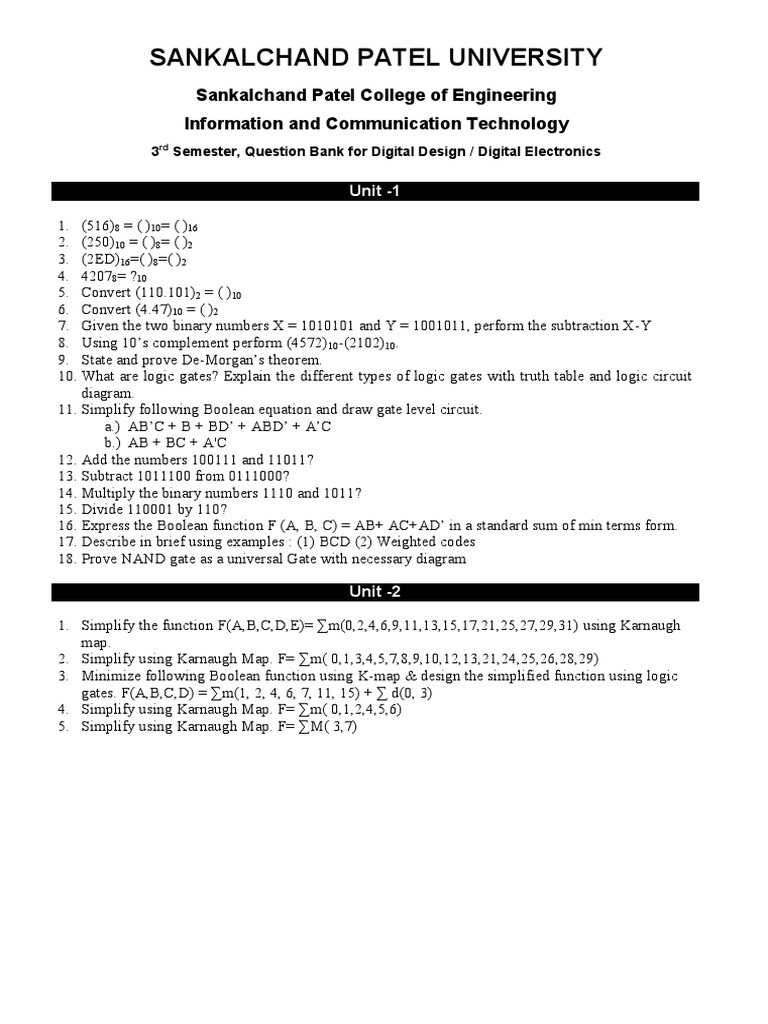 Digital Design Digital Electronics Question Bank Pdf Teaching