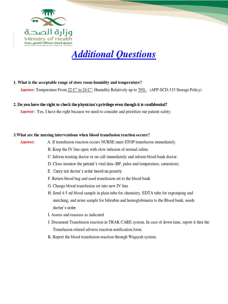 CBAHI Survey Questions October 2021 | PDF | Blood Transfusion | Medical ...