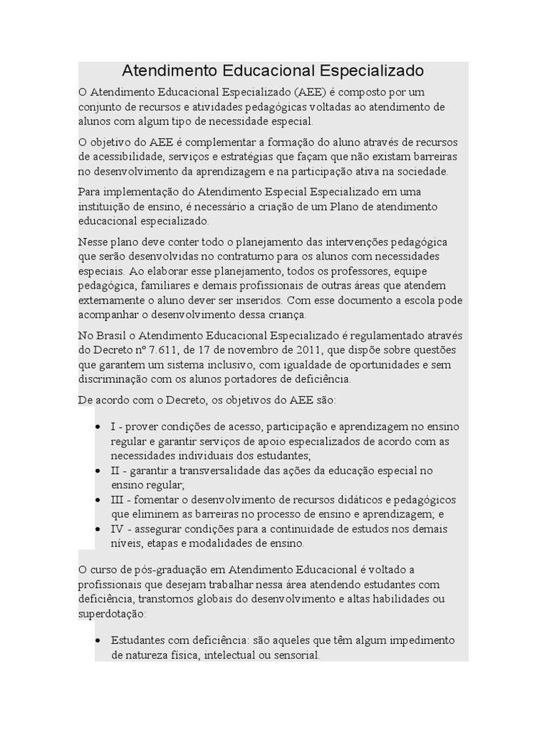 Atendimento Educacional Especializado AEE | PDF | Educação Especial ...