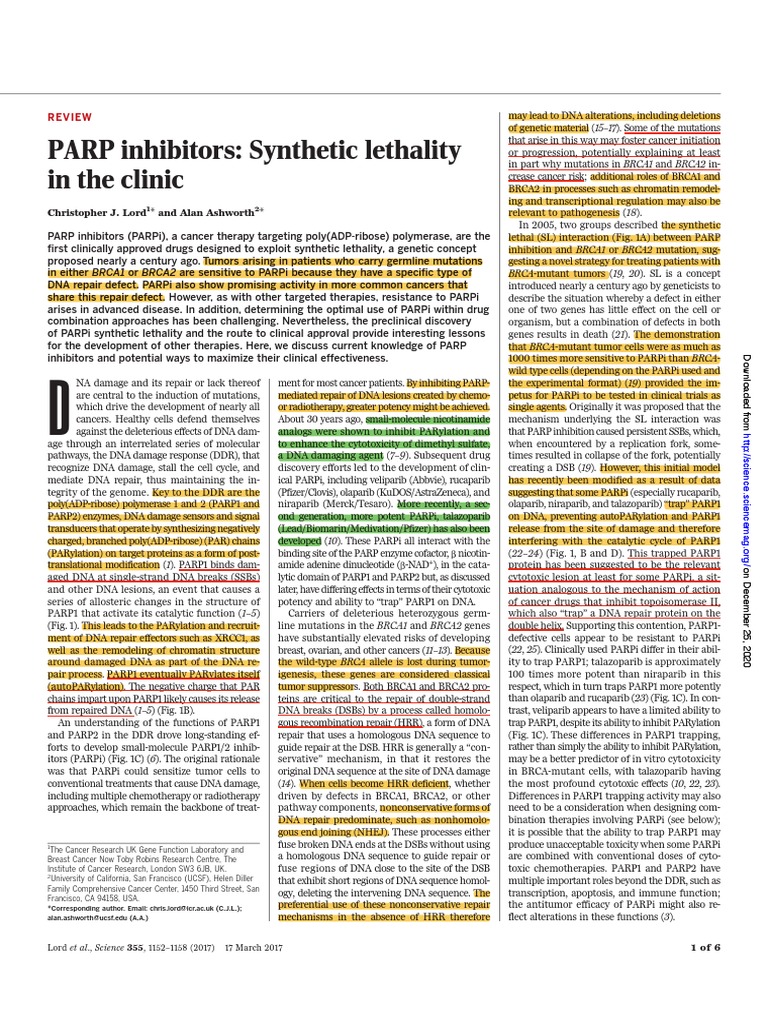 PARP Inhibitors: Synthetic Lethality in The Clinic: Review | PDF | Dna ...