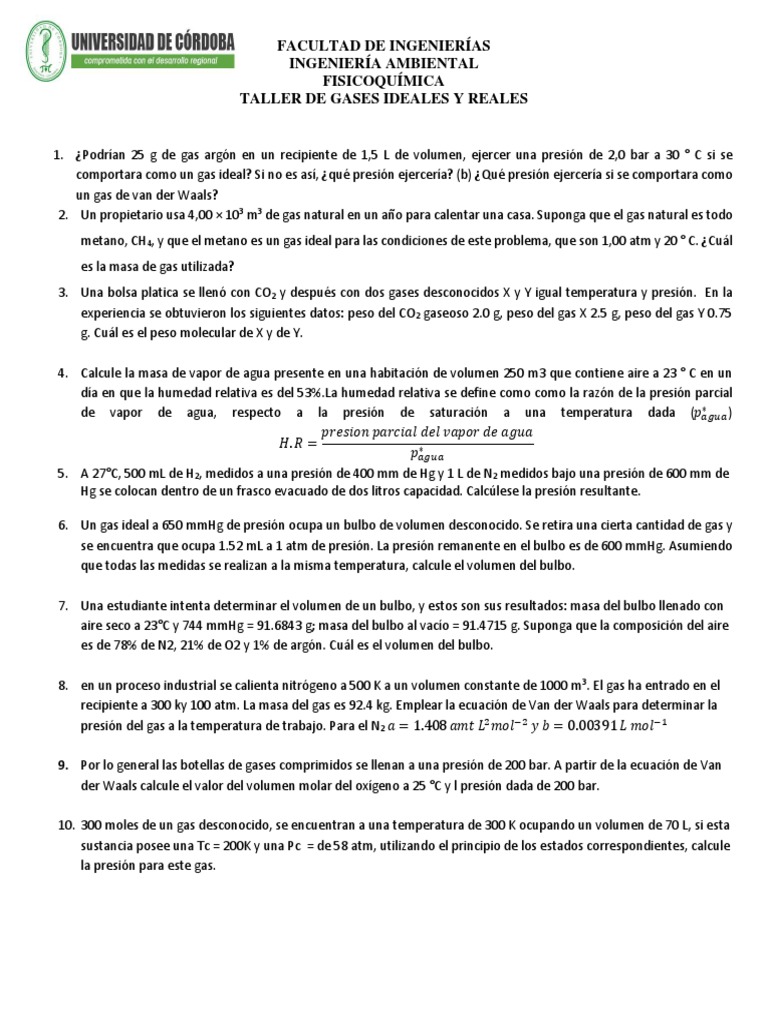 Taller de Cálculos de Gases Ideales y Reales | PDF | Gases | Humedad