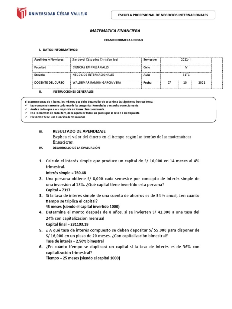 Examen de Matemática Financiera 2021 | PDF | Tasas de interés ...